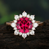 3CT Round Cut Ruby Cluster Halo Vintage Engagement Ring